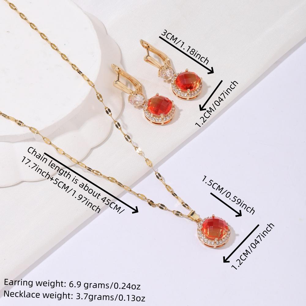 3pcs/set Luxurious  Colorful Cubic Zirconia Round Dangle Earrings Jewelry Sets for Women Wedding Daily Accessories with Stainless Steel Necklace