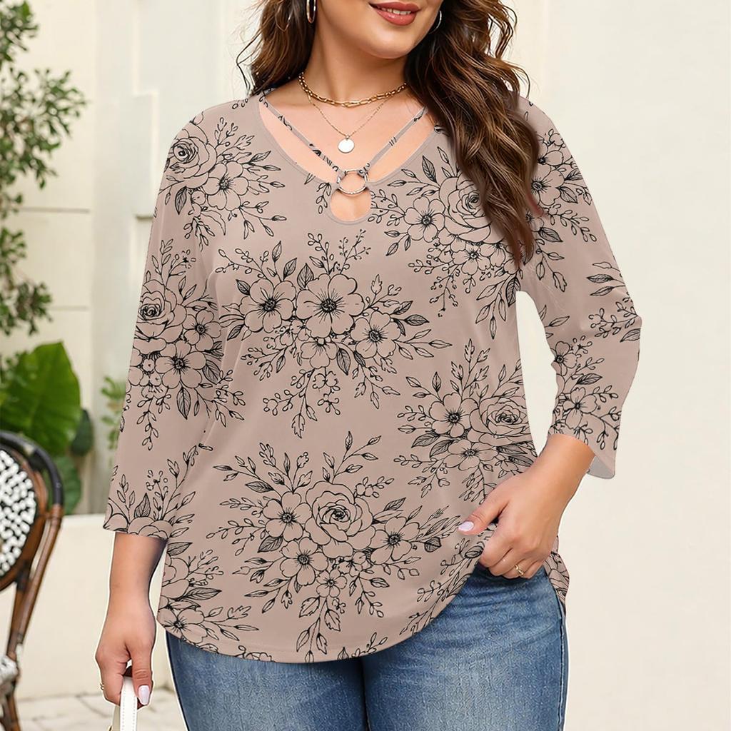 Blusa Floral Feminina Plus Size com Manga Três Quartos, Blusa Casual, Túnica de Corte Amplo para Primavera Verão, Uso Diário, Trabalho e Saídas
