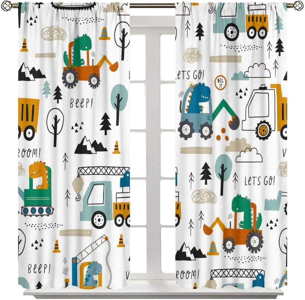 Dinosaur Construction Curtains For Boys,Cartoon Forest Architectural Site Dinosaur Excavator Tractor Truck Window Drapes Print