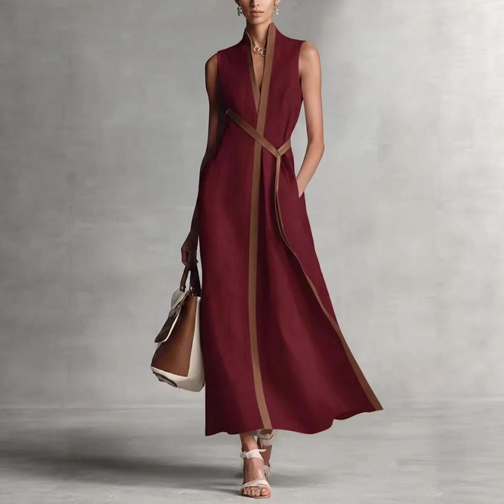 2026 Spring European & American Women's Color Block Sleeveless V-neck Cotton Linen Elegant Dress