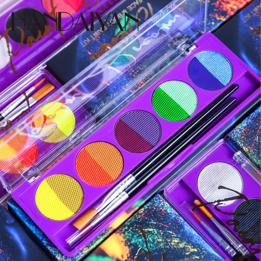 HANDAIYAN Face and Body Paint Palette UV Glow Water-Activated Split Cake Makeup Kit with Brushes for Halloween Festival Stage Cosplay Party