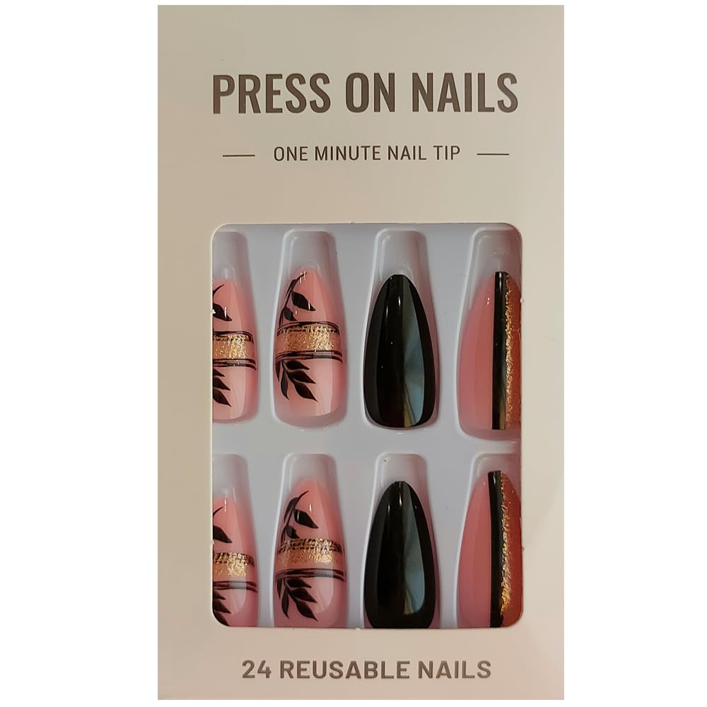 S.A.V.I 24Pc Almond Glitter Nude/Black Leaf Press-On Nails, Adhesive Tabs, No Liquid Glue, Long Manicure