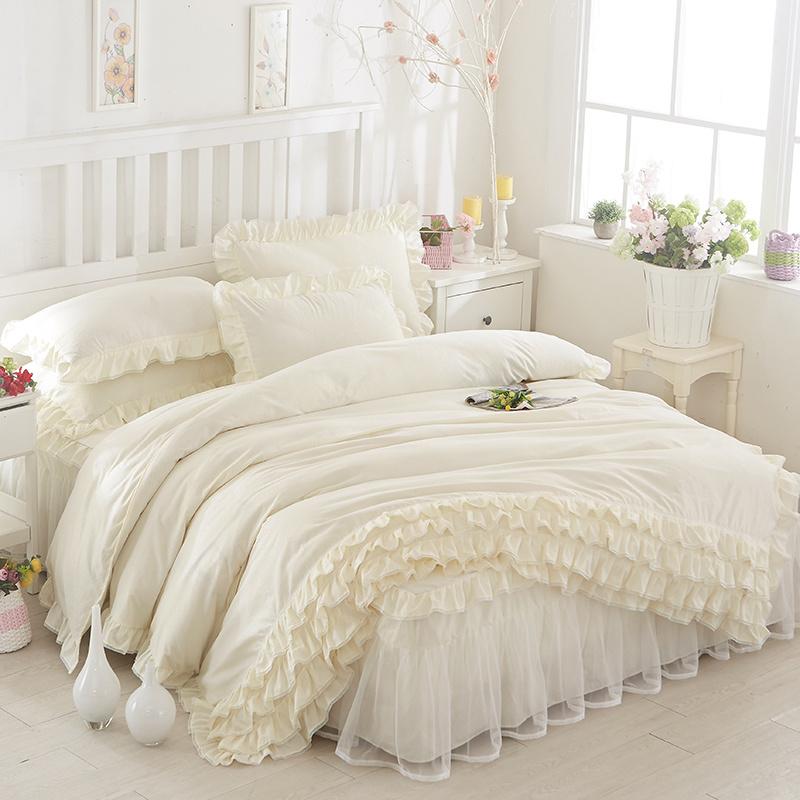 Korean Princess Duvet Cover 4 Piece Set Solid Color Ruffles Lace Quilt Cover And Pillowcase For Girl Woman Romantic Bedspread