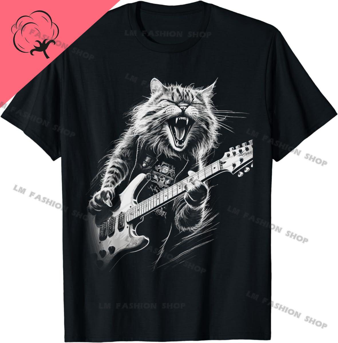 

Rock Cat Playing Guitar Graphic TShirts Men s Clothing Short Sleeve Tops Cotton Tees Women s Printed T-Shirt 3XL