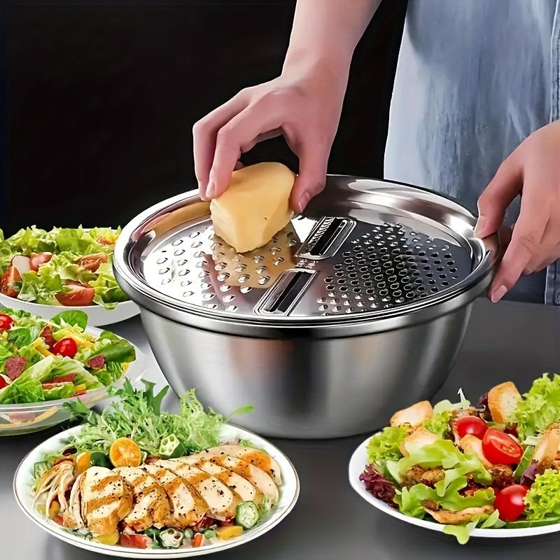 3Pc Stainless Steel Kitchen Bowl Set with Integrated Grater, Multi Function Strainer and Mixing Bowl for Fruit, Vegetable and Cheese Prep