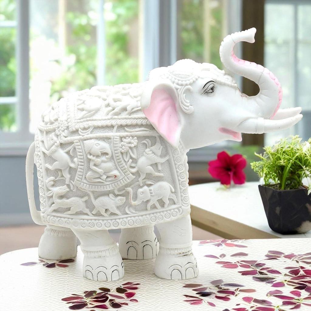 White Elephant Showpiece Big Size Marble Resin Aesthetic Statue Decorative Item for Home, 8 Inch Elephant Decor