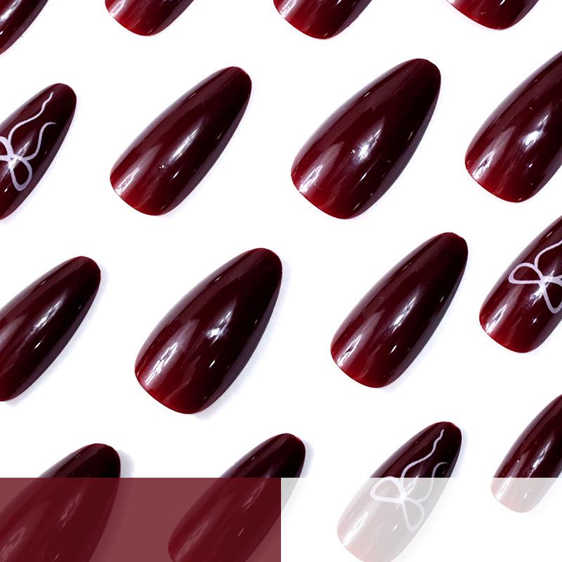 European And American Valentine'S Day 24 Nail Art Burgundy Solid Color Bow Long Almond Wear Armor