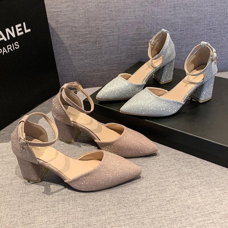 Baotou Sandals Women's New Models with Skirts Pointed Single Shoes Women's One-word Buckle Flash Diamond High-heeled Sandals