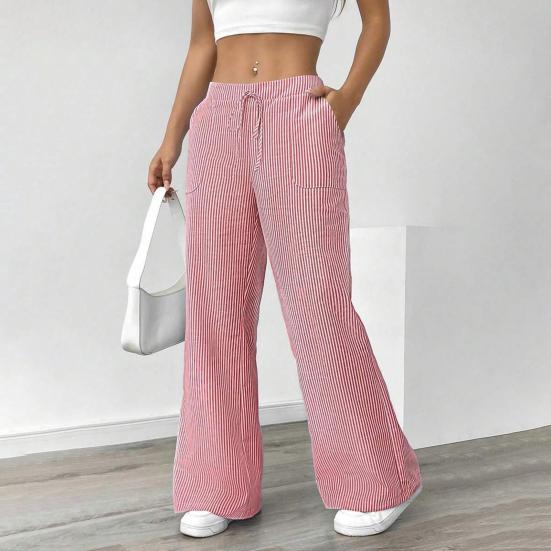 Yousheng Women Long Pants Elastic Waist Striped Design Straight Wide Leg Trousers with Pockets Relaxed Fit Leisure Pants