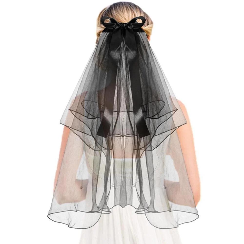 2 Tier Veils for Brides Womens Layered Black Tulle Short Wedding Veil Veil with Bow Wedding Halloween Cosplay Party