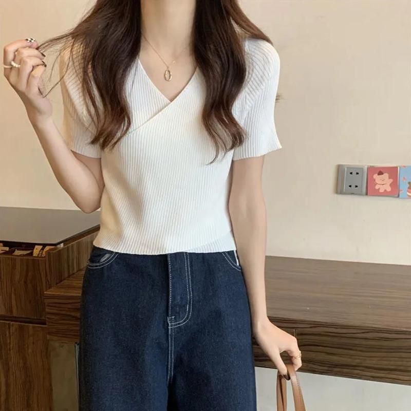 

Летний нерегулярный вязаный свитер с v-образным вырезом и короткими рукавами для девочек, модный элегантный тонкий топ S белый