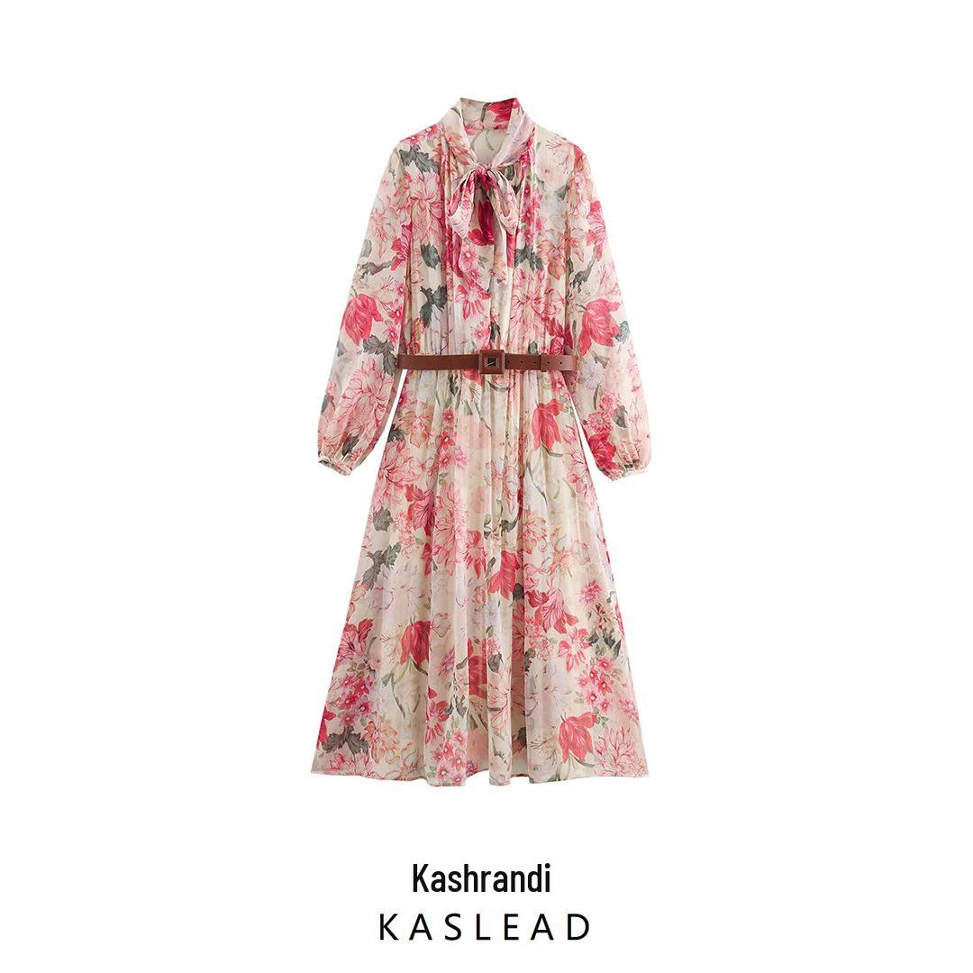 

2025 Spring Women s European Floral Print Midi Dress with Belt Extra Small квітковий