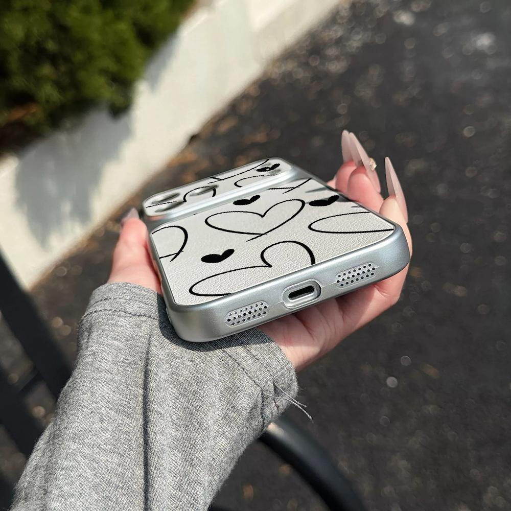 INS Line Love Heart Electroplated Glossy Phone Case for iPhone 17 16 Air 11 12 13 14 15 Pro Max 7 8 Plus XS XR Protective Cover