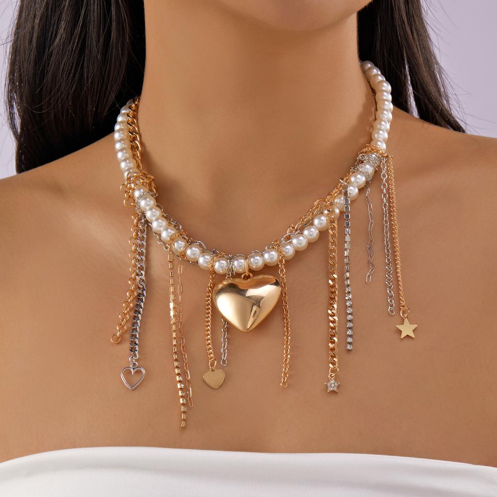 New Elegant Imitation Pearl Beads Necklace for Women Vintage Multilayer Heart Tassels Choker Fashion Jewelry Accessories Gift