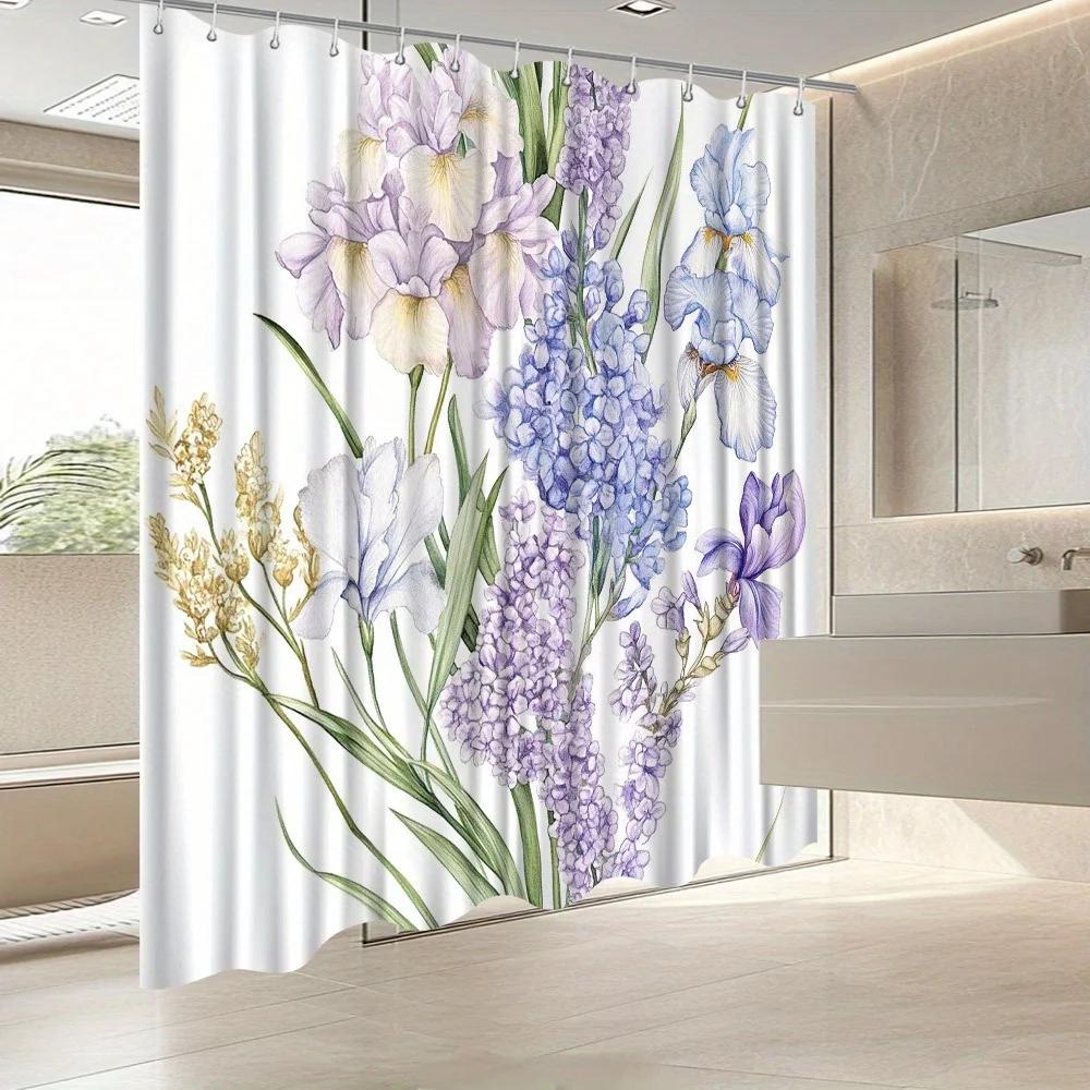 Lavender Iris & Forget-Me-Not Shower Curtain - Pale Lavender Irises, Blue Forget-Me-Nots, White Lilies, Anti-Fade Polyester