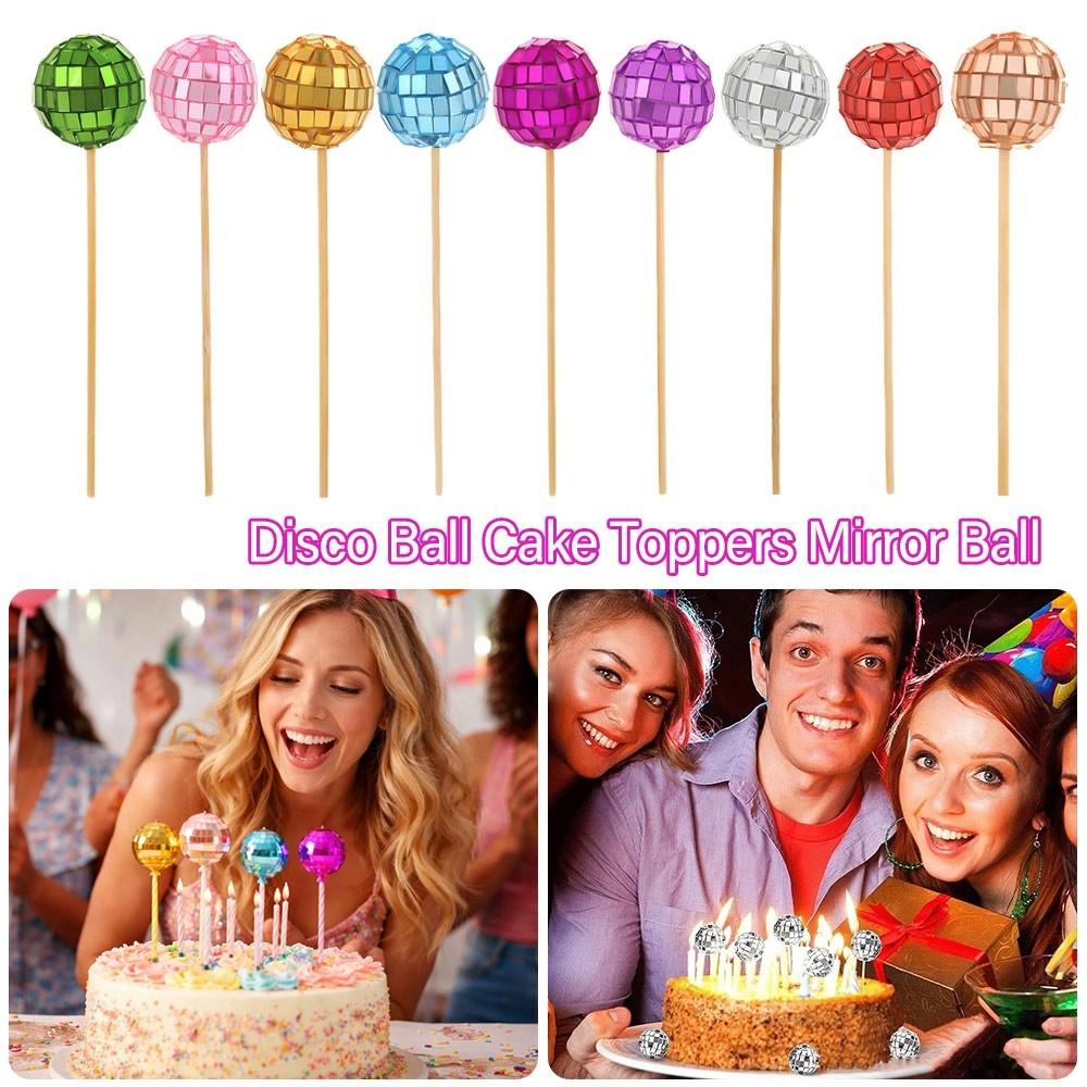 Retro Disco Ball Cake Toppers With Wooden Stick 3cm Disco Mirror Ball Baking 70s 80s Style Cake Card Insert
