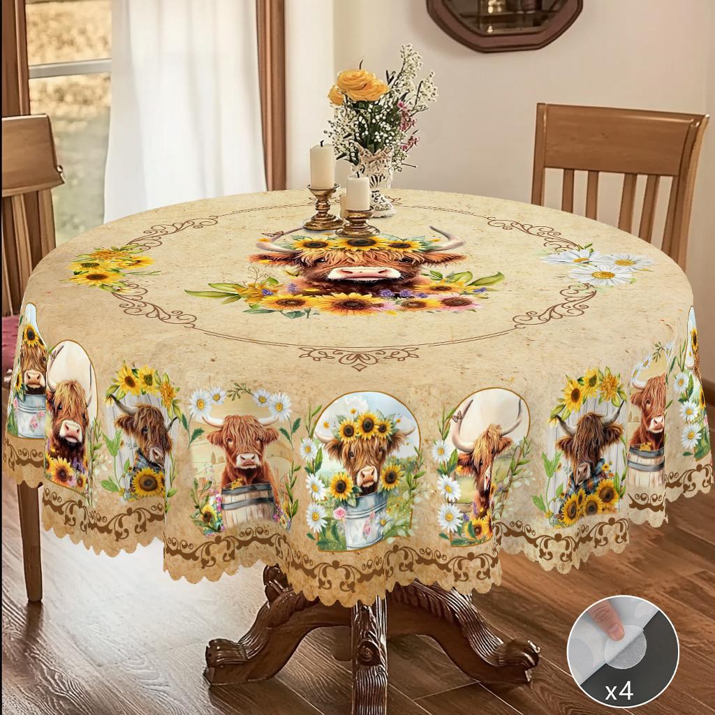 1 Piece of Summer Retro Farmhouse Pastoral Pattern Rectangular Tablecloth, Cow, Flower, Pattern Printed Round Tablecloth, Party Tablecloth, Home Table