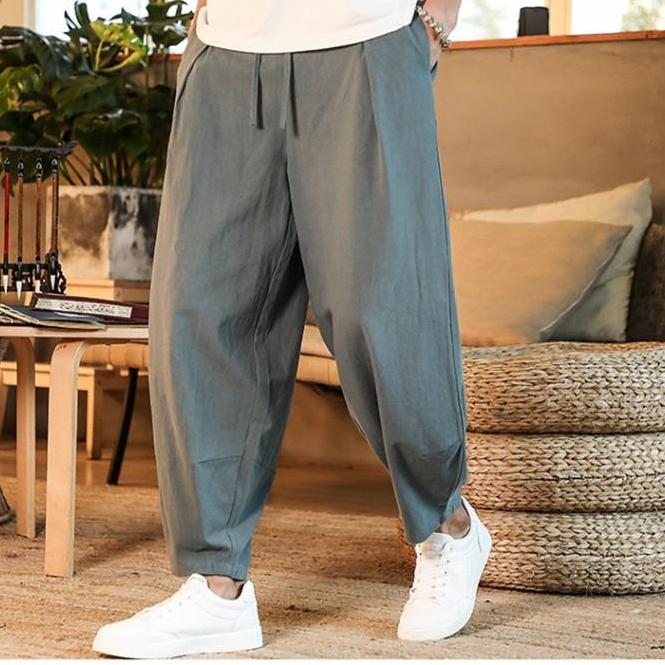 

Спортивные штаны мужские японские свободные мужские хлопковые льняные брюки мужские летние новые дышащие однотонные льняные брюки фитнес-уличная одежда больших размеров XL 65-70kg серый