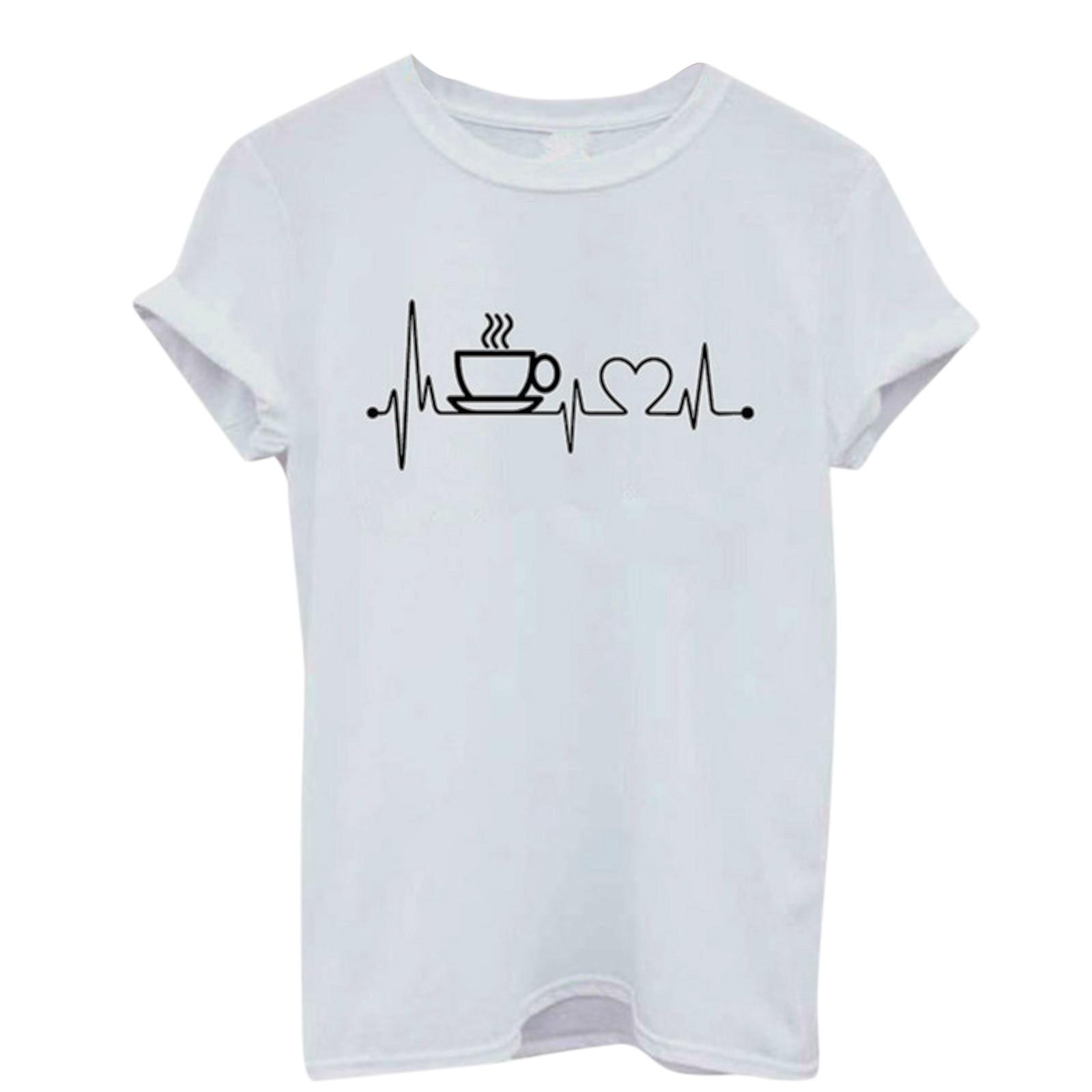 

(SU)Женская повседневная блузка с коротким рукавом и кофейным принтом электрокардиограммы L белый