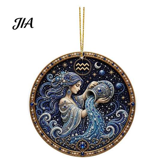 Hanging Home Ornament 2D Flat Pearl Painting Ornament, Double Sided Zodiac Theme Gem Decorative Pendant Art Craft, Rhinestone Beads Pattern