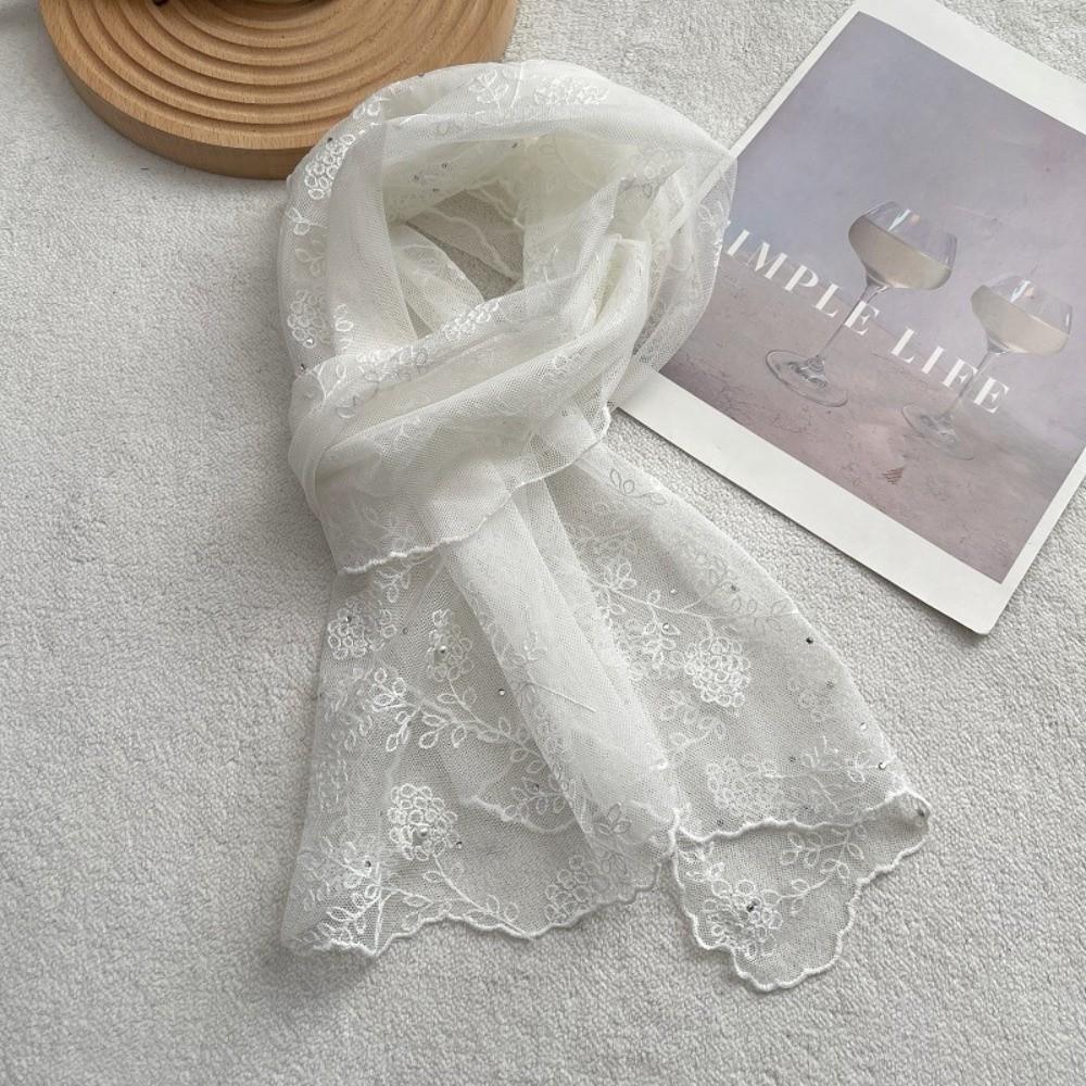 

Retro Lace Long Scarf Embroidered Flower Pearl Diamond-encrusted Lace Silk Scarf Long Thin Neckerchief Elegant Women белый