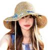 Neuer Raffia Webhut Outdoor Strandurlaub Perle Schleifenband Sonnenschutz Strohhut