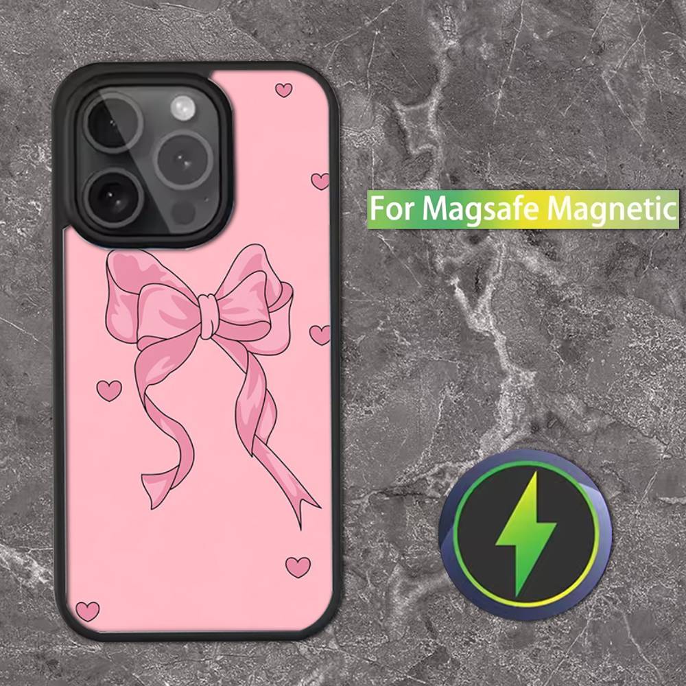 Korean Cute Pink Bow Phone Case For iPhone 17,16,15,14,13,12,11,Pro,Max,Plus,Mini,SE Magsafe Magnetic Wireless Charging