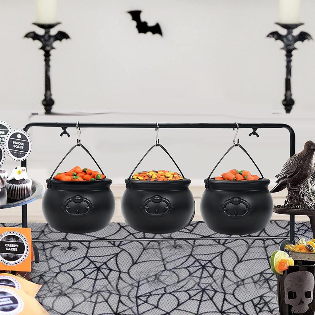 Halloween Candy Bowl Decorations  Black Plastic Cauldron Bowls with Iron Rack, Halloween Party Decorations Candy Bucket
