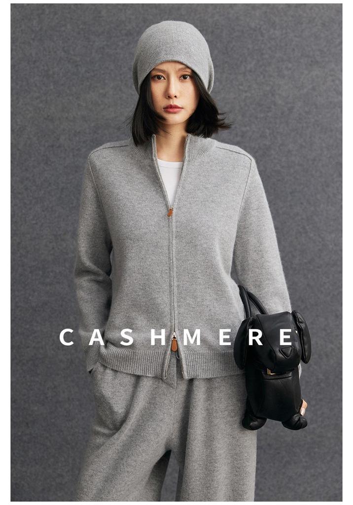 2025 Autumn/Winter Women's Cashmere Half-High Collar Cardigan with Double Zipper Pockets