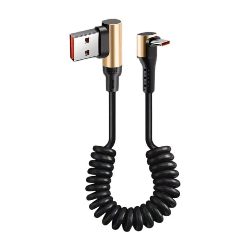 25cm Coiled USB C Cable 66W Fast Speed Charging Angled Connector Spring Retractable Cord for Mobile Devices