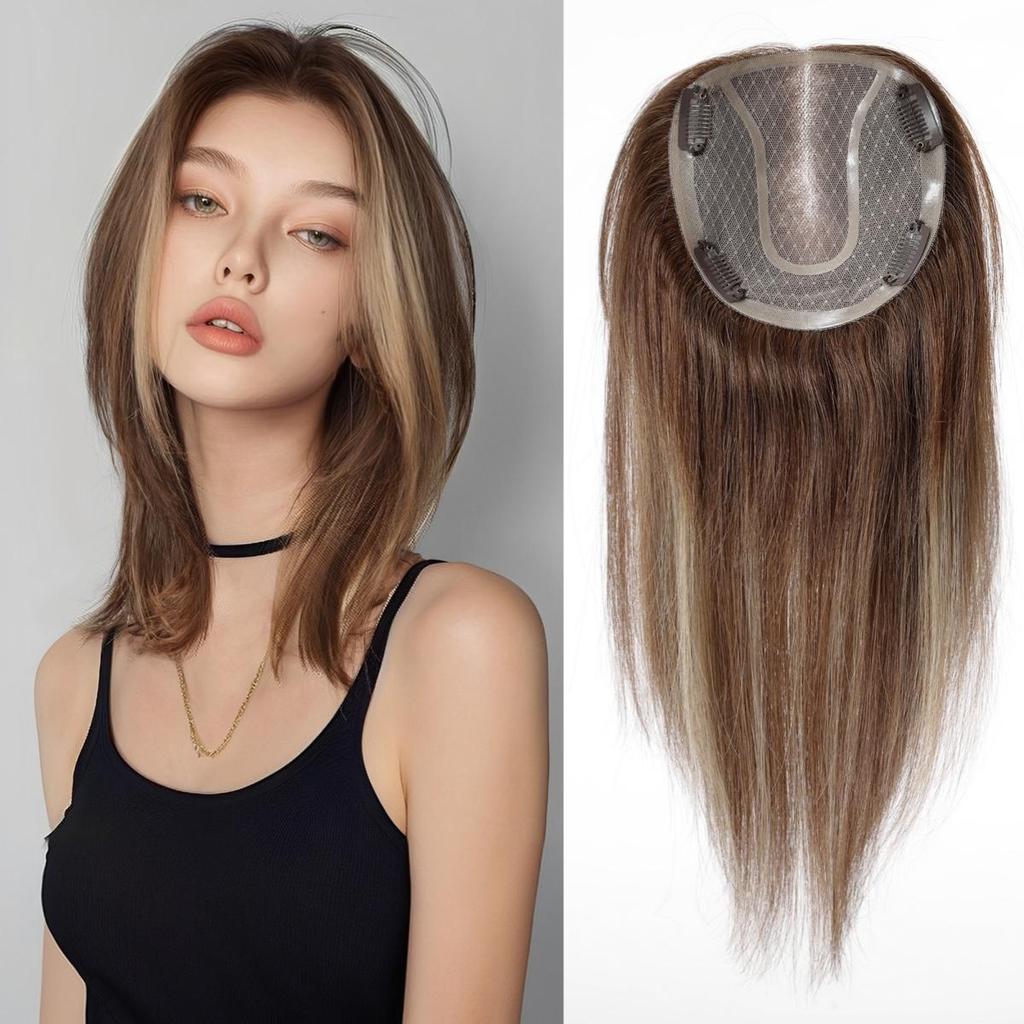 HAIRCUBE Light Blonde 14 Inch Human Hair Toppers with Dark Roots for Women 4 Clips Pieces with Thinning Hair In Mono Lace Base Toppers