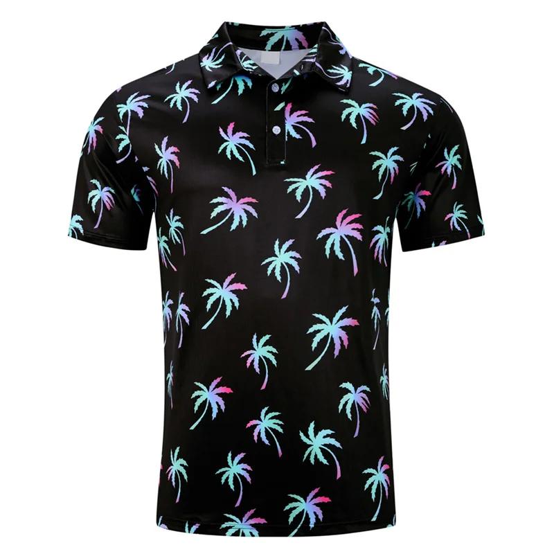 3D Printed Flower Leaf Flamingo Tree Polo Shirt Men Coconut Tree Neon Graphic Short Sleeves Fashion Loose Lapel Tops Street Tees