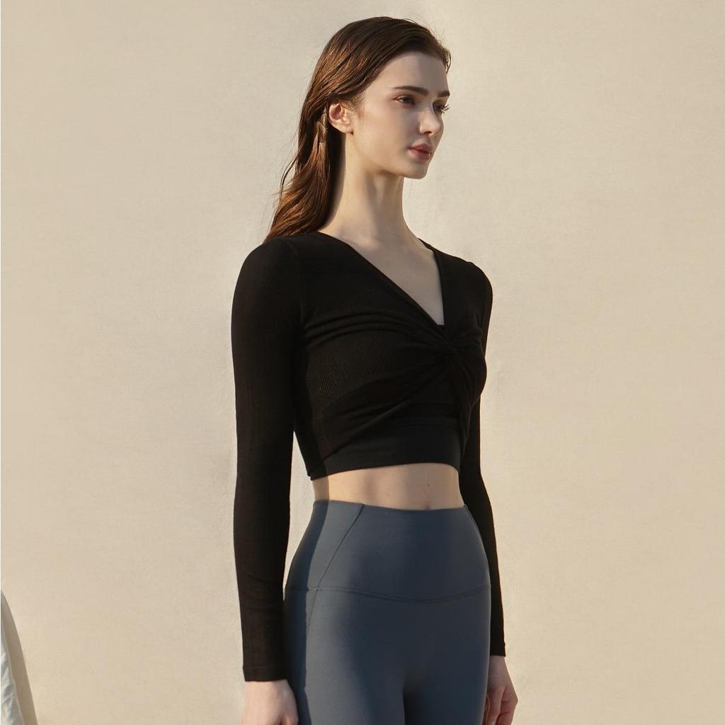 2024 Spring Women's Crisscross Yoga Top - Sexy Long Sleeve Solid Color Fitness T-Shirt