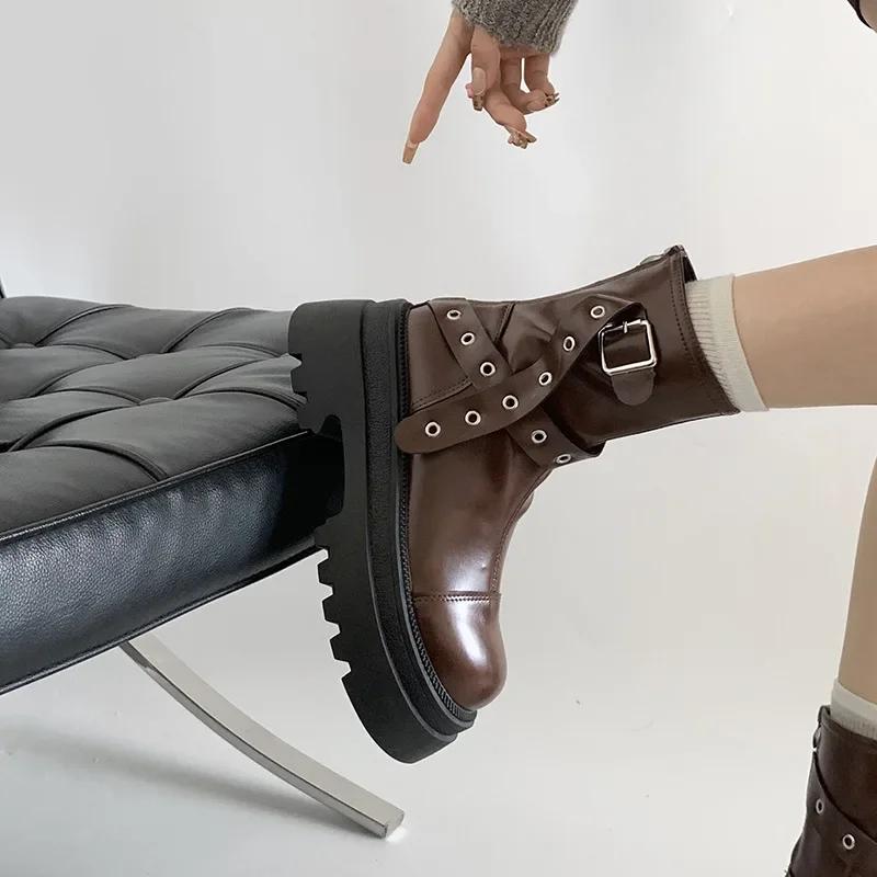 Women's Boots Brown American Vintage Platform Ankle Boots Winter  Maillard Belt Buckle Elevation Short Outdoor Boots