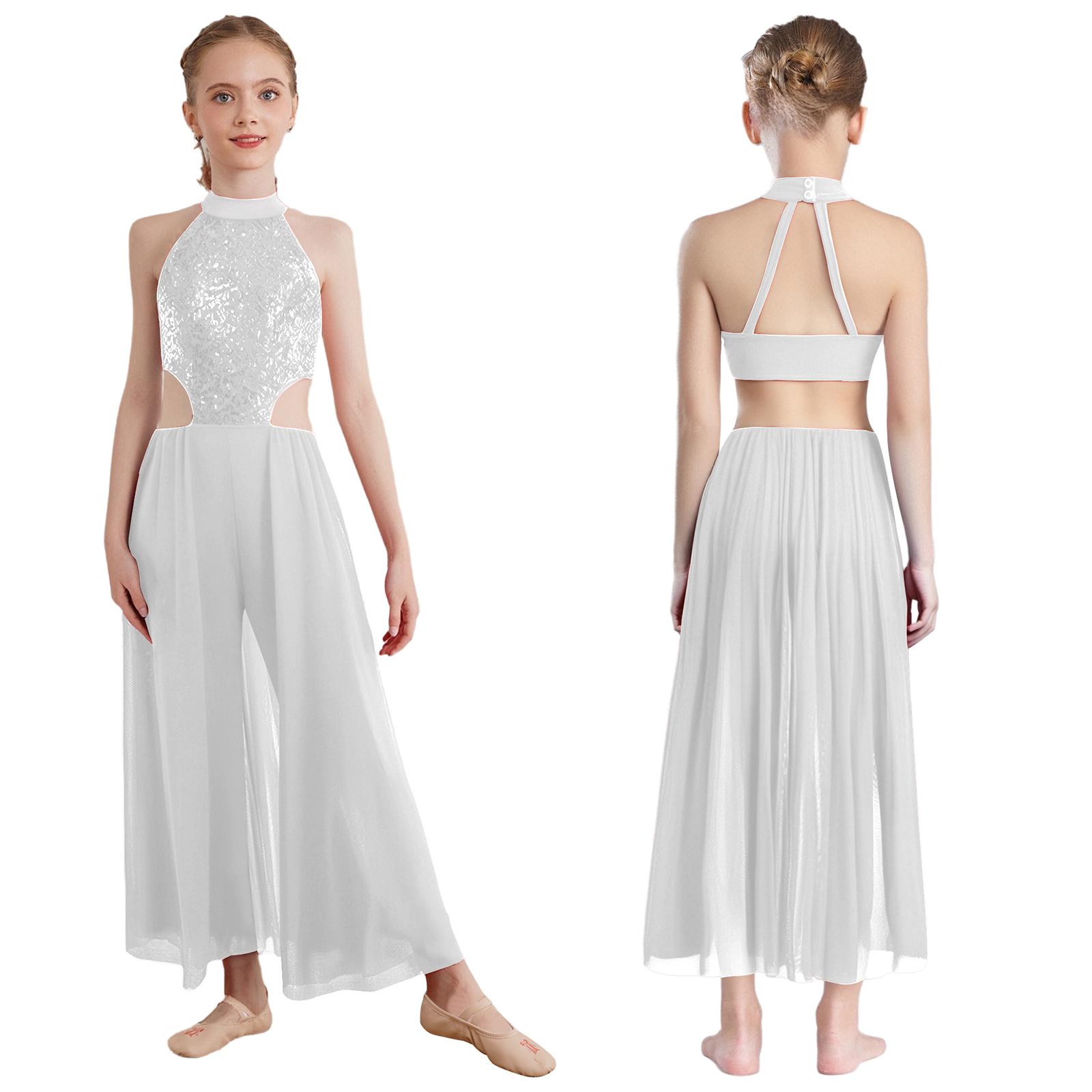 

Дитячий гімнастичний купальник для змагань з латиноамериканських танців для дівчаток: Блискучий комбінезон з паєтками на зав язці на шиї, без рукавів, з відкритою спиною та прикріпленою спідницею 15-16 Years білий