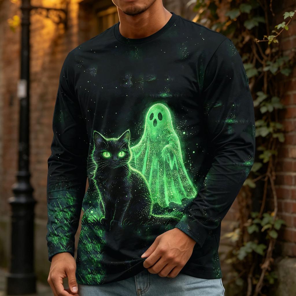 Men's Halloween Print Long Sleeve Neck T-Shirt Loose Fit Casual Top