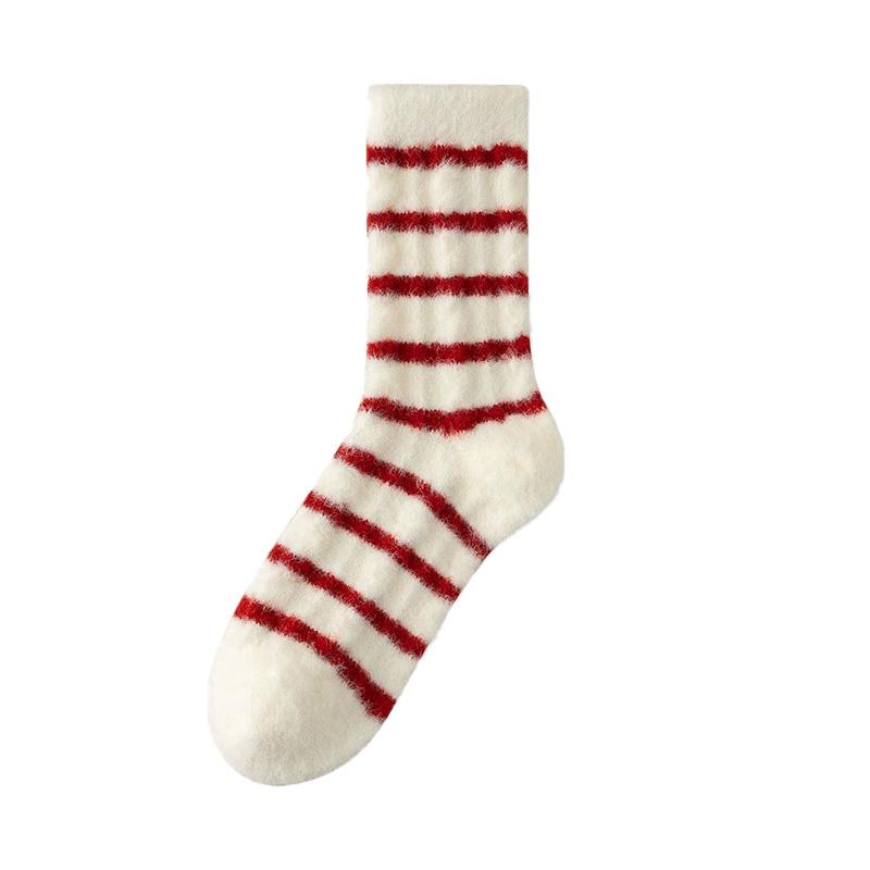 1 Pair Thick Socks for Women Mid Tube Socks Christmas Gift Middle Socks Warm Soft Red White Stripes Winter