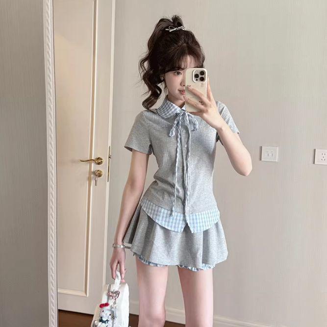 Korean Plaid Summer Patchwork Two-Piece: Short Sleeve Top & High Waist Skirt
