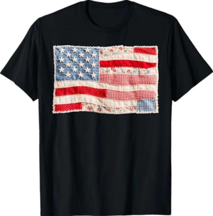 Vintage Printed Patchwork Us Flag Patriotic 4th Of July Tshirt S