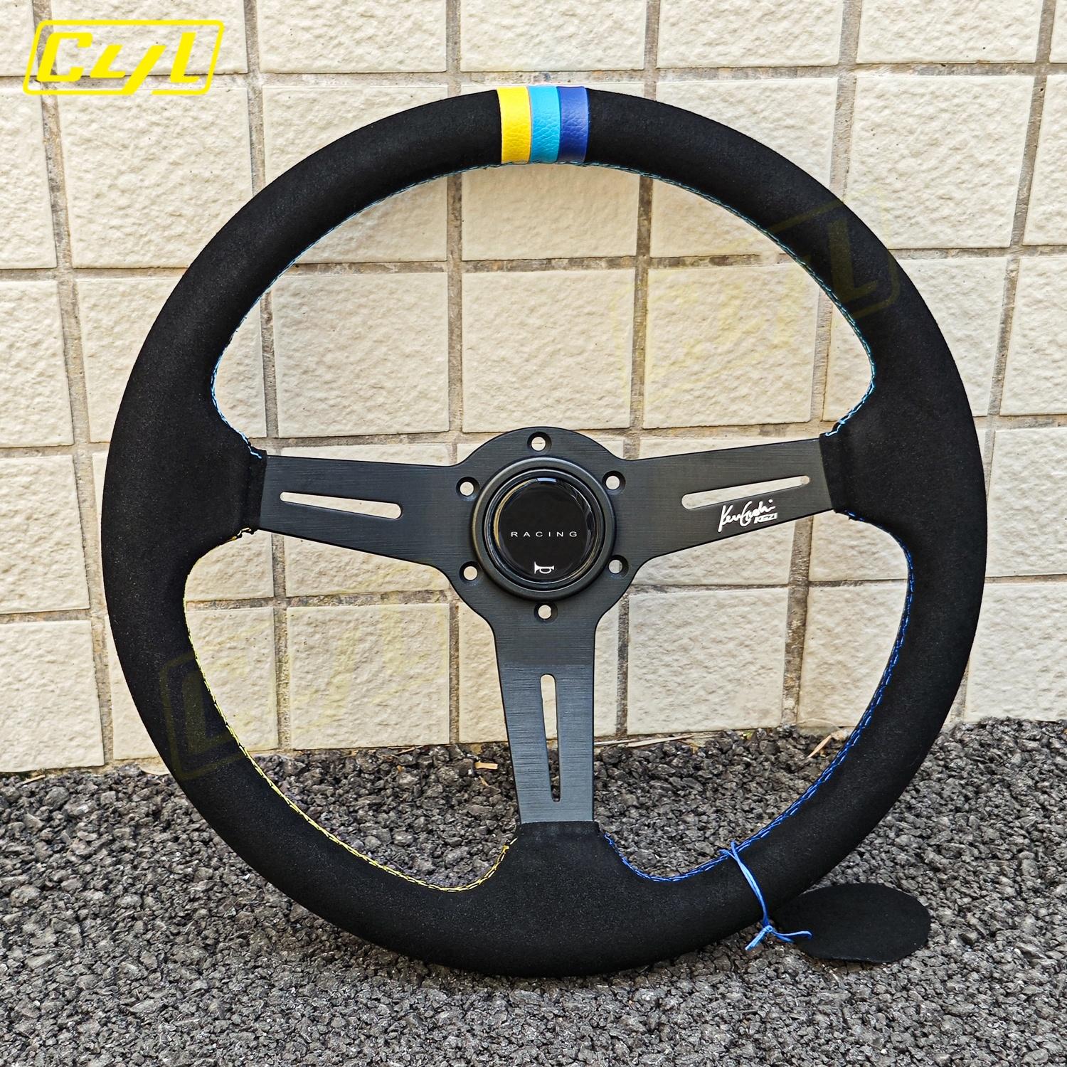 14inch 350mm JDM Modified Car Styling Suede Leather Steering Wheel 3 Color Stitching Racing Gaming Steering Wheel Universal