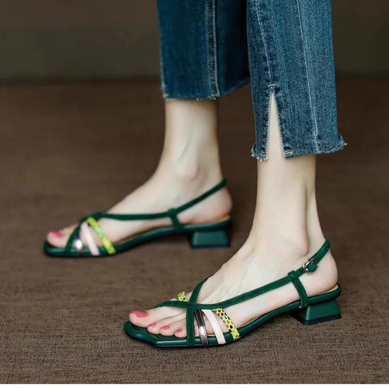 Fashion 2025 Leather Sandals Women Pointed Toe Chunky Heel Women Shoes Summer Shoes for Women Giadiator Shoes Sandalias Mujer