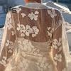 Women Bikini Cover-up V-Neck Long Sleeve See-through Embroidery Flower Pattern Lace-Up Detail Swimwear Cover-up