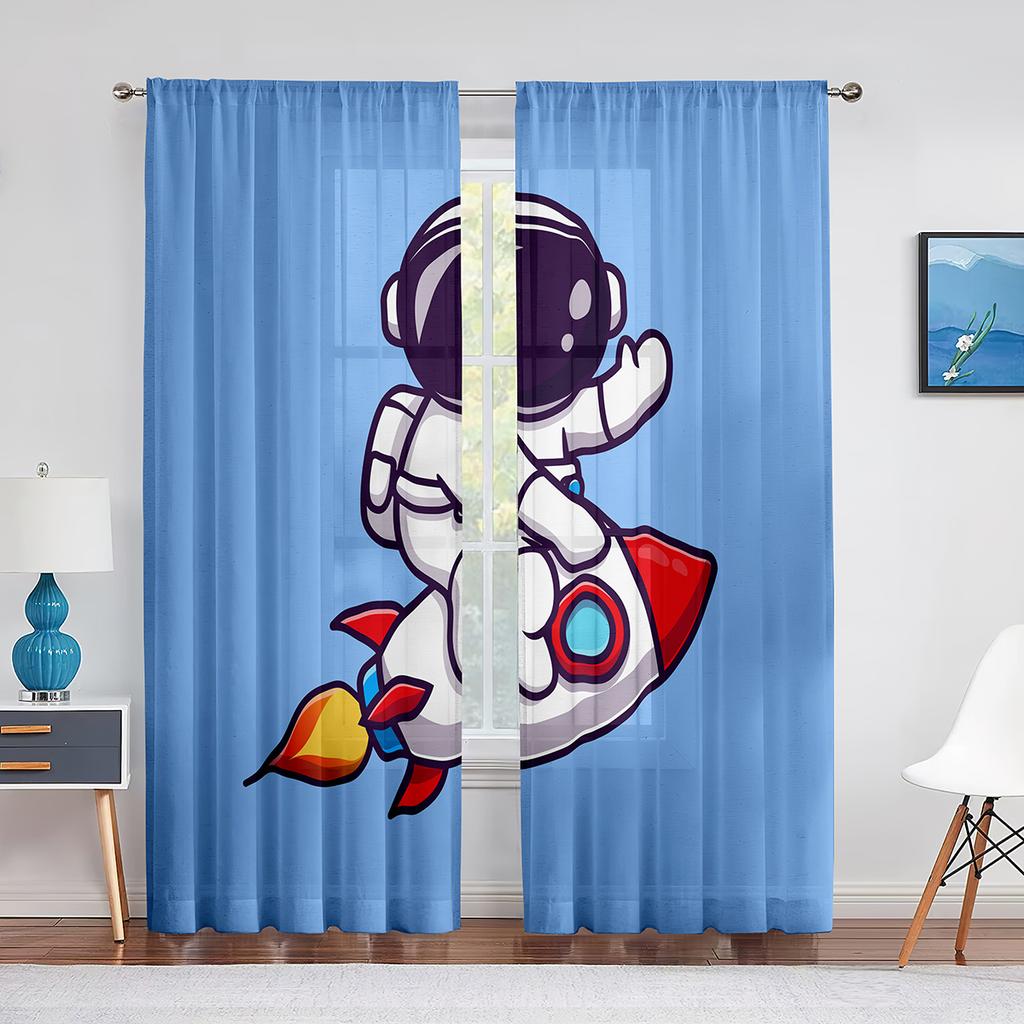 Cartoon Outer Space Astronaut Planet Sheer Voile Curtains for Living Room Bedroom Kitchen Decor Chiffon Tulle Window Curtains