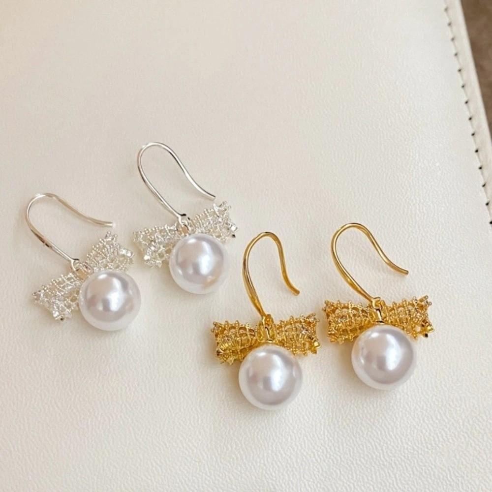 Wedding Bride Bow Pearl Long Earrings Simulation Freshwater Pearl Ear Hook Drop Earrings  Female