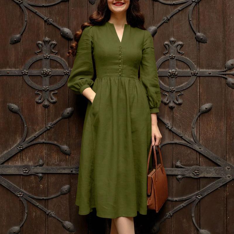 

ZANZEA Женское повседневное платье с V-образным вырезом, однотонное, с рукавами 3/4, длинное 4XL