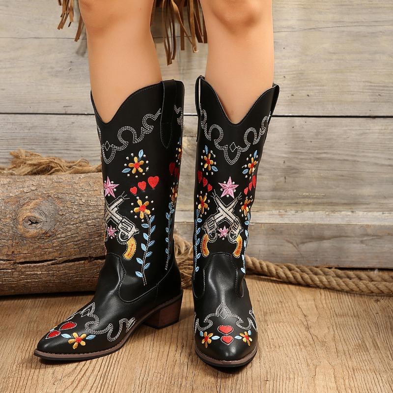 Large Size Long Embroidered Boots Thick Heel Women's High Boots Women's