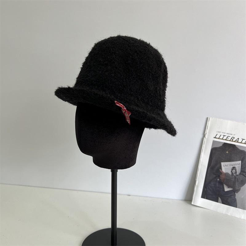 Chapeau cloche d'automne et d'hiver en laine, fil cercle, bord relevé devant, pour femme, doux, petit, frais, avec nœud, chaud, décontracté