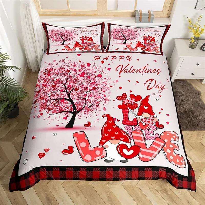 Romantic Valentines Duvet Cover King Kawaii Love Heart Theme Bedding Set Patchwork Geometric Comforter Cover Red Gnome Bed Sets