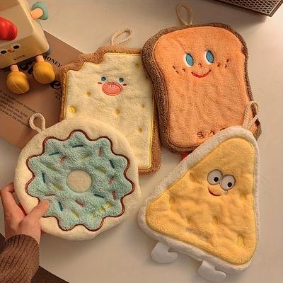 4Pack 3Layer Thick Coral Fleece Hand Towels Super Absorbent Quick Drying Bath Kitchen Towels with Cute Food Shaped Cartoon Bread,Donut,Pizza,Pie
