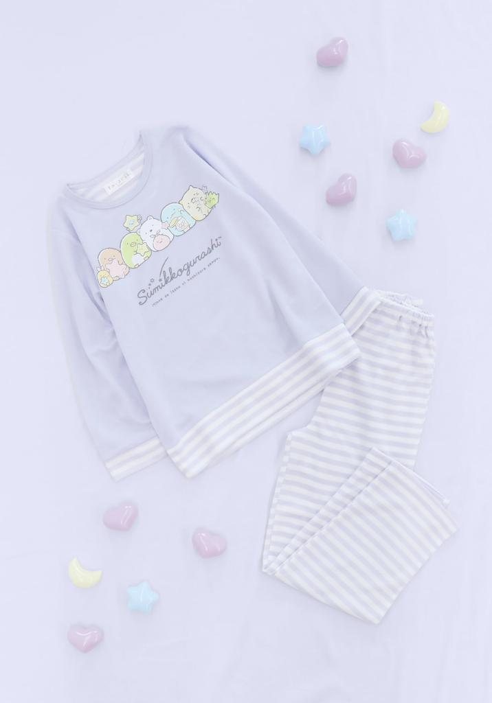 Kaituck Family Sumikkogurashi Kids' Pajamas, Long Sleeve, Striped, Layered Style, Spring/Autumn, Green/Purple, 130cm, 140cm, 150cm (130cm, Purple)